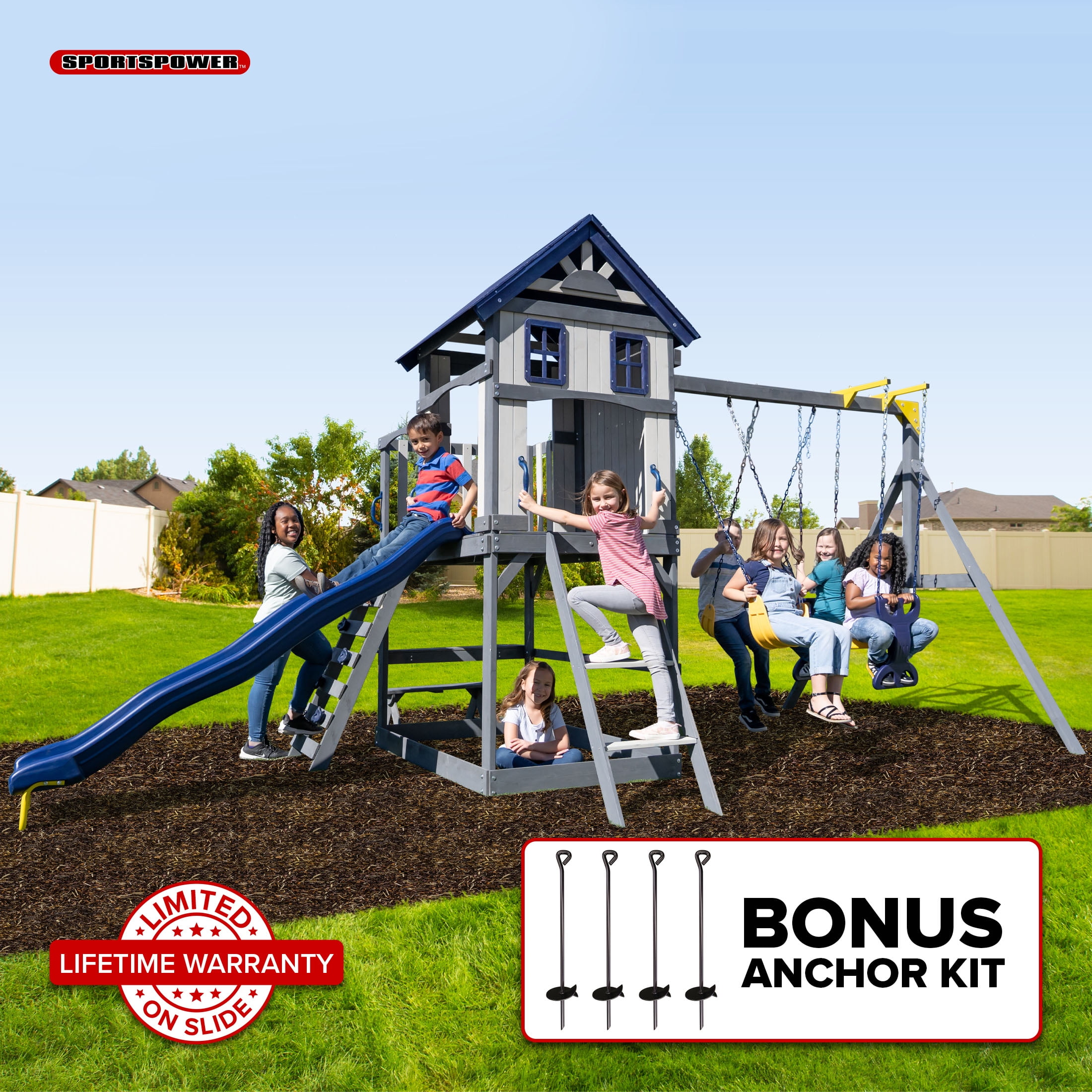 Swing Set Rocker Sportspower Brookside Wooden Swing Set with Rock Climbing Wall, Roman ...