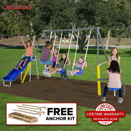 Sportspower Cambridge Metal Swing and Slide Set with Glide Ride, Teeter-Totter, 5’ Slide, & Bonus Anchor Kit