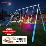 Sportspower Comet Metal Swing Set with LED Light up Saucer Swing, 2 Swings, on Slide, Bonus Anchor Kit, Great for Kids Aged 3-8