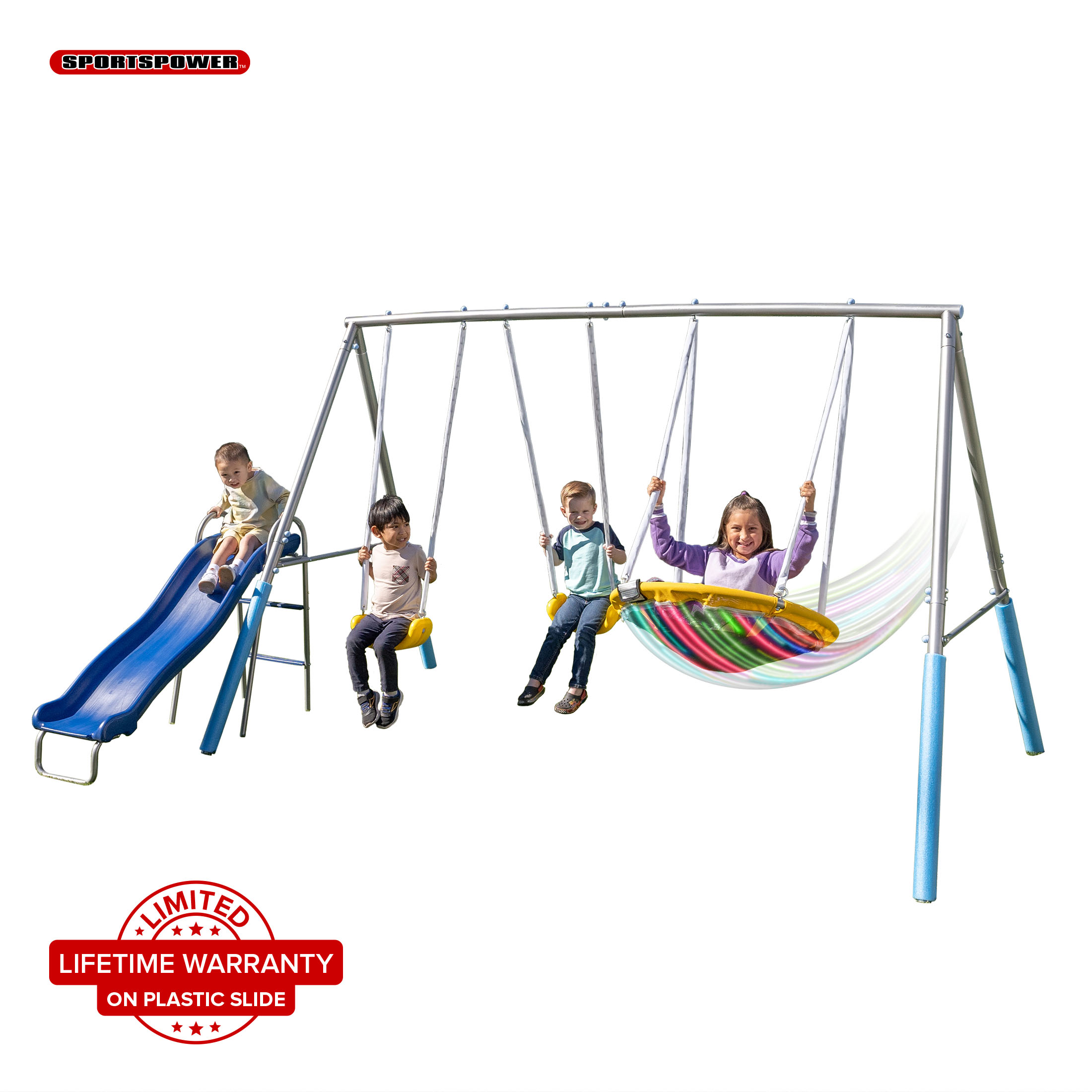 Sportspower Comet Metal Swing Set with LED Light up Saucer Swing, 2 Swings, and Lifetime Warranty on Blow Molded Slide - image 1 of 15