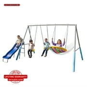 Sportspower Comet Metal Swing Set with LED Light up Saucer Swing, 2 Swings, and Lifetime Warranty on Blow Molded Slide