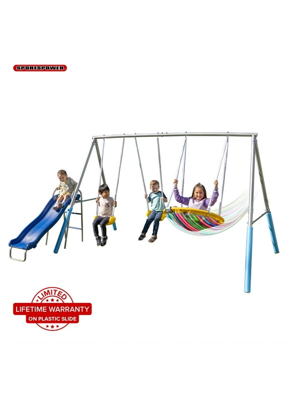 Sportspower Comet Metal Swing Set with LED Light up Saucer Swing, 2 Swings, and Lifetime Warranty on Blow Molded Slide