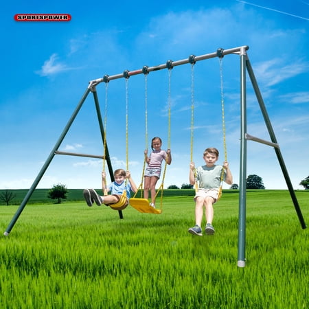 Sportspower Denali 11ft Metal Swing Set with 3 Adjustable Swings, Heavy-Duty Steel Frame, Rubber-Coated Chains, 450lb Capacity, for Kids Ages 3+