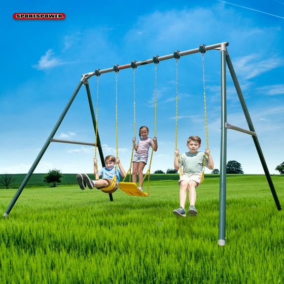 Sportspower Denali 11ft Metal Swing Set with 3 Adjustable Swings, Heavy-Duty Steel Frame, Rubber-Coated Chains, 450lb Capacity, for Kids Ages 3+