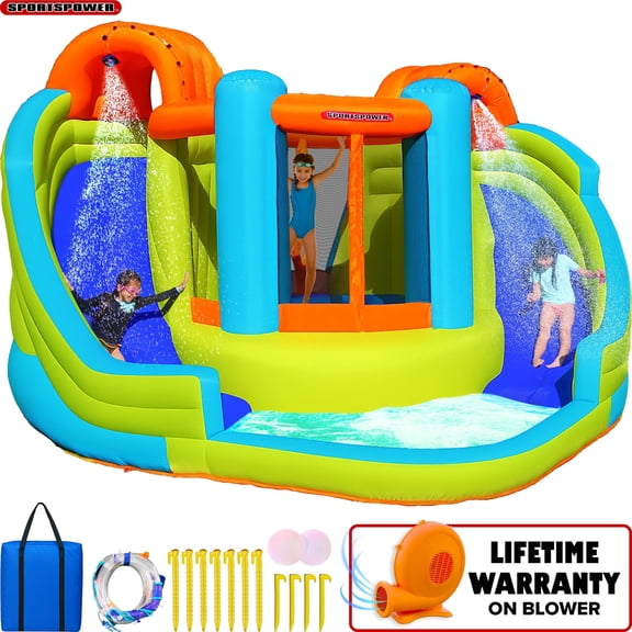 Sportspower Double Slide & Bounce House with Splash Pool, Water Sprinklers, Heavy Duty, ASTM Certified, Large Indoor/Outdoor Bouncer with 550W Blower