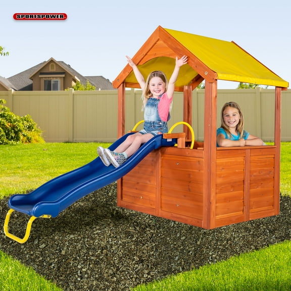 Sportspower Encinitas Wooden Playhouse with 4' Slide, Yellow Canopy & Table