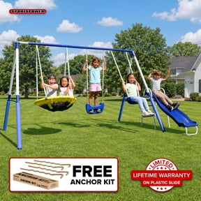 Sportspower 500LBS Fairbrook Metal Swing Set for Outdoor Backyard Play, 2-Person Saucer, Standing Swing, Blow-Molded Swing, 5' Slide, Bonus Anchor Kit, for Kids 3-8, 11.5' D x 7.5' W x 6.1' H