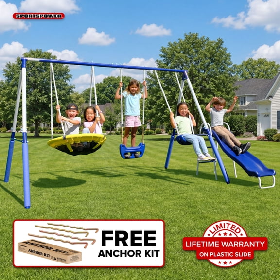 Sportspower 500LBS Fairbrook Metal Swing Set for Outdoor Backyard Play, 2-Person Saucer, Standing Swing, Blow-Molded Swing, 5' Slide, Bonus Anchor Kit, for Kids 3-8, 11.5' D x 7.5' W x 6.1' H