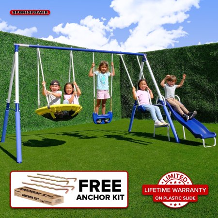 Sportspower 500LBS Fairbrook Metal Swing Set for Outdoor Backyard Play, 2-Person Saucer, Standing Swing, Blow-Molded Swing, 5' Slide, Bonus Anchor Kit, for Kids 3-8, 11.5' D x 7.5' W x 6.1' H