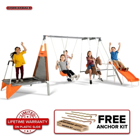 Sportspower Fairview Swing Set with 2 Swings, Rocking Horse, Mini Trampoline, Lifetime Warranty on Blow Molded Slide, and Bonus Anchor Kit