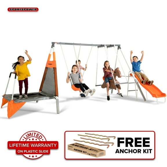 Sportspower Fairview Swing Set with 2 Swings, Rocking Horse, Mini Trampoline, Lifetime Warranty on Blow Molded Slide, and Bonus Anchor Kit
