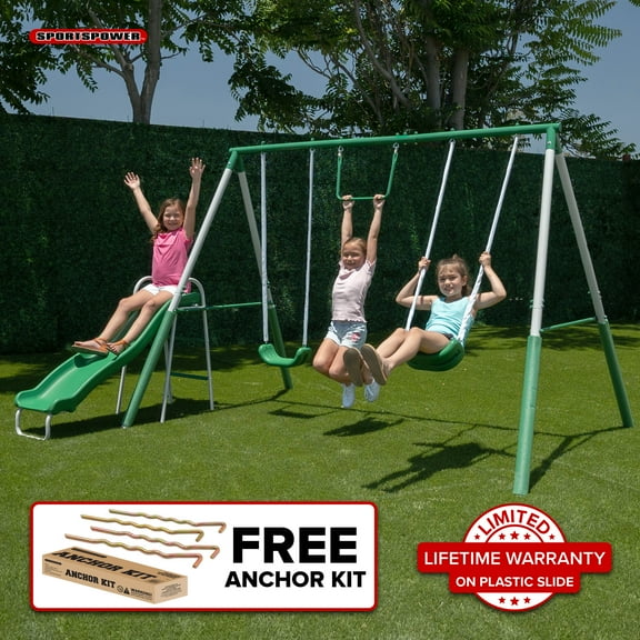 Sportspower Fun Outdoor My First Metal Swing Set with Trapeze, 5' Double Wall Slide with Lifetime Warranty, & Bonus Anchor Kit