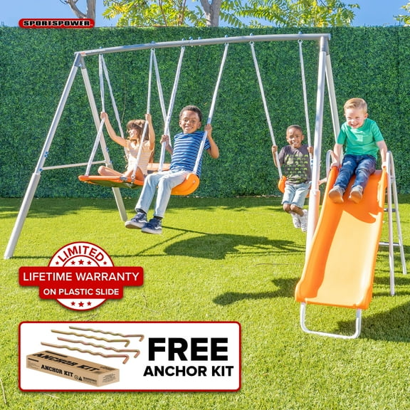 Sportspower Gladstone Metal Swing Set with Lifetime Warranty on Blow Molded Slide & Bonus Anchor Kit
