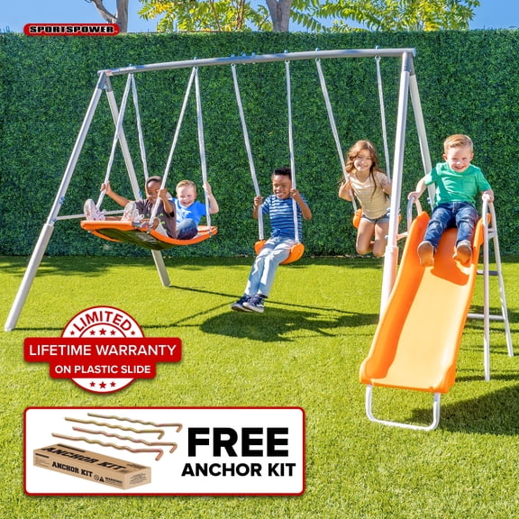 Sportspower Gladstone Metal Swing Set with Lifetime Warranty on Blow Molded Slide & Bonus Anchor Kit