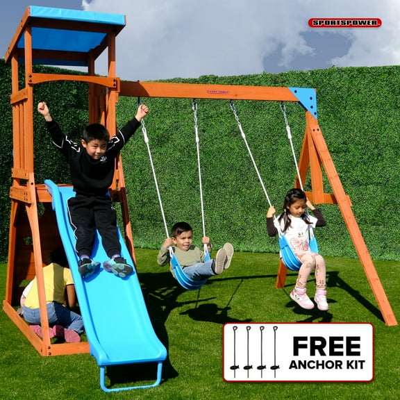 Sportspower Grand Teton Wooden Swing Set with 2 Swings, Play Fort, Sandbox, 6' Slide & Bonus Anchor Kit, Great for Kids Aged 3-8