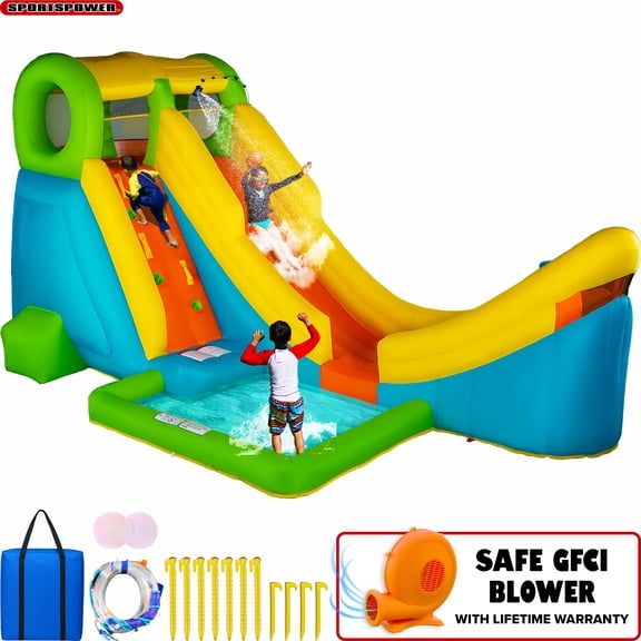 Sportspower Half Pipe Inflatable Water Slide with Basketball Hoop - Heavy Duty - Ages 3-12