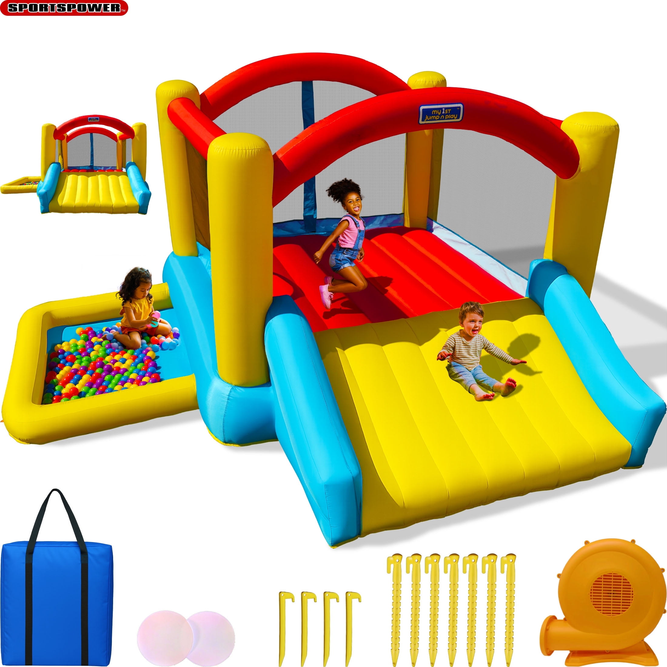 Sportspower My 1st Bounce House with Ball Pit & Slide, Ages 3-8, Durable, Heavy Duty, ASTM Certified, Lifetime Warranty on Included Blower
