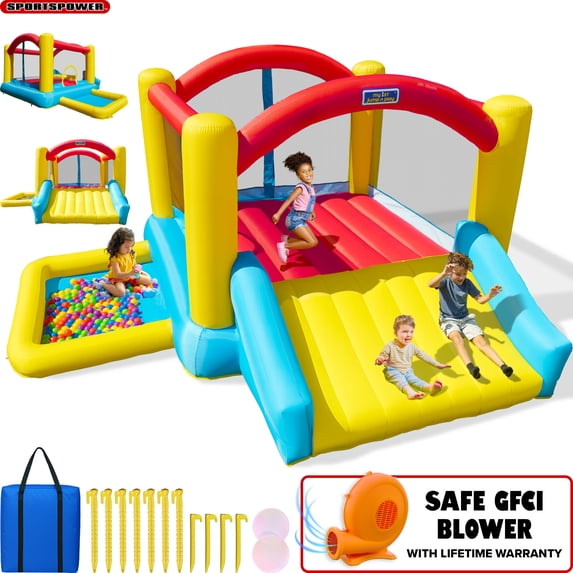 Sportspower Inflatable Bounce House with Slide & Ball Pit, Kids Bouncer with Blower, Indoor Outdoor Backyard Play