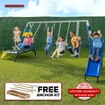 thumbnail image 1 of Sportspower Jump & Swing Metal Swing Set with Trampoline, 2 Swings, Trapeze, 2-Person Glider, 6' Double Wall Slide with Lifetime Warranty, & Bonus Anchor Kit, 1 of 11