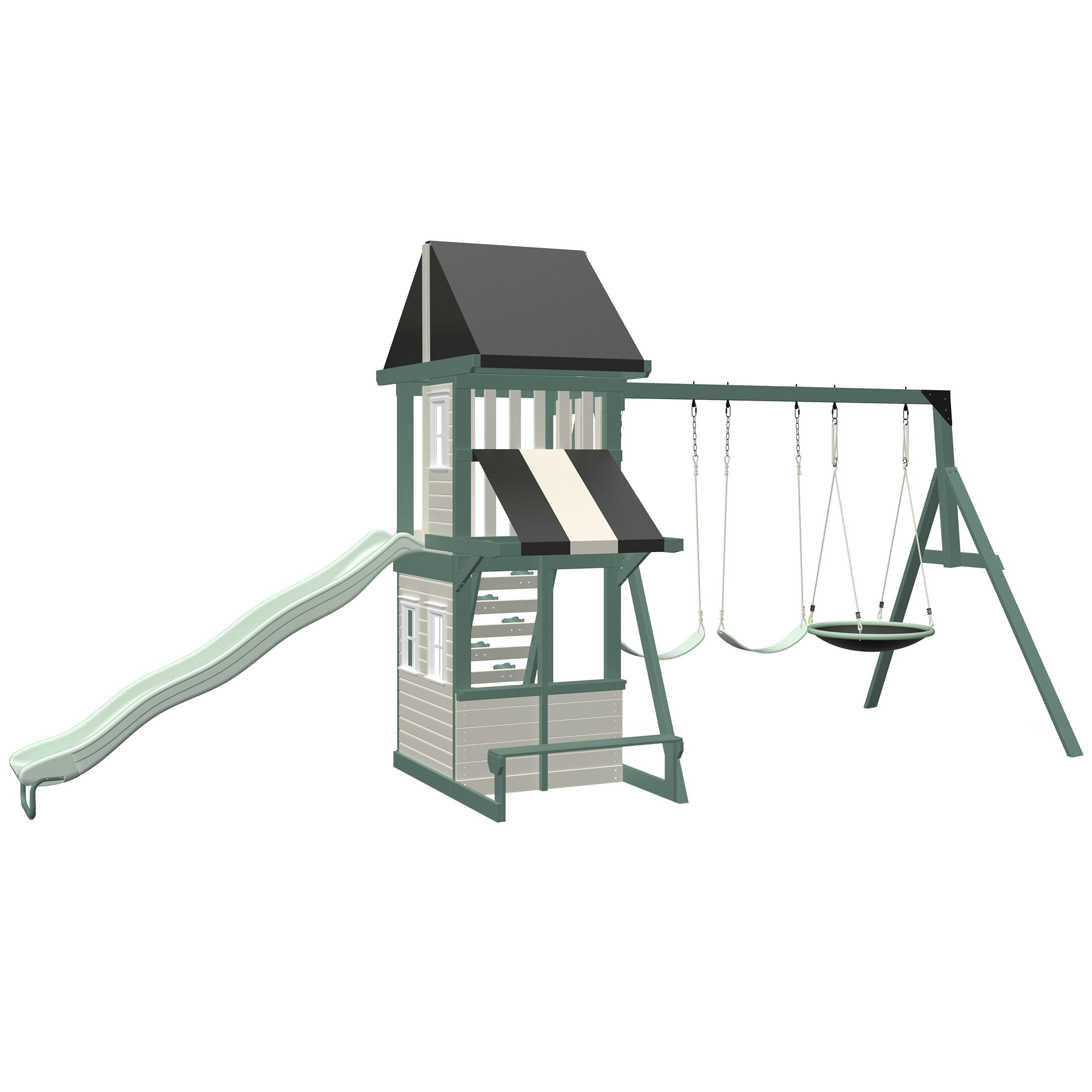 Sportspower Ladera Solar Wooden Swing Set with Clubhouse, Deck Lights, 2 Belt Swings, 2-Person Saucer Swing, 8ft Slide, Climbing Wall, & Bench/Table, FREE Anchors Included