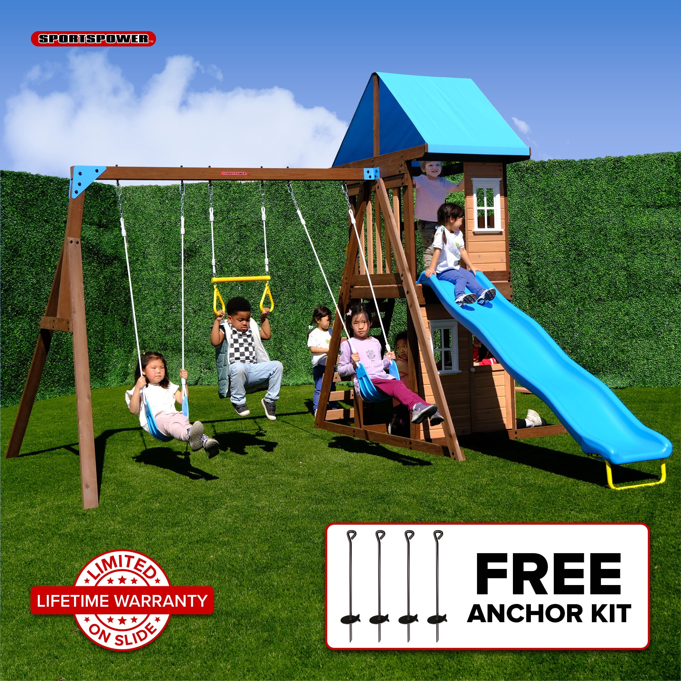 Sportspower Lakeview Wooden Swing Set with Slide, Belt Swings