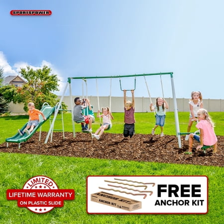 Sportspower Live Oak Metal Swing Set with 6' Double Wall Slide with Lifetime Warranty, and Bonus Anchor Kit