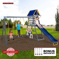 Sportspower Mill Creek Canyon Wooden Swing Set with Standing Swing, Rock Climber, Play Fort, 8' Slide, & Bonus Anchor Kit