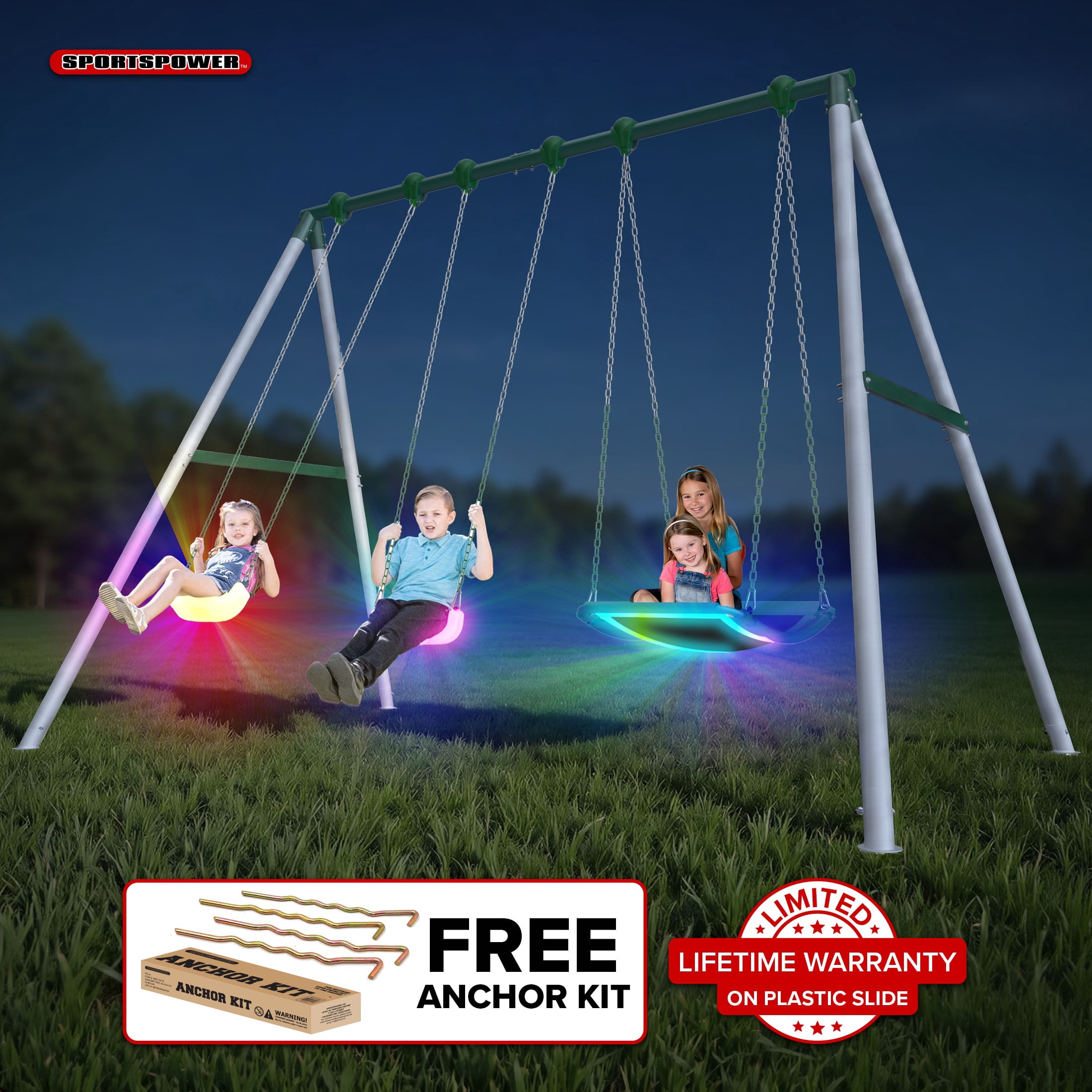 Sportspower Mt. Fuji LED 9.5ft Metal Swing Set for Kids and Adults, Heavy Duty Backyard Playset with Light-Up Swings & 2-Person Skyflyer, Green/White