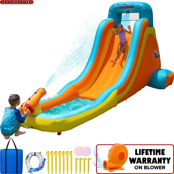 Sportspower My 1st Water Slide, Outdoor Inflatable Waterpark with Splash Pool & Water Cannon, 400W Blower