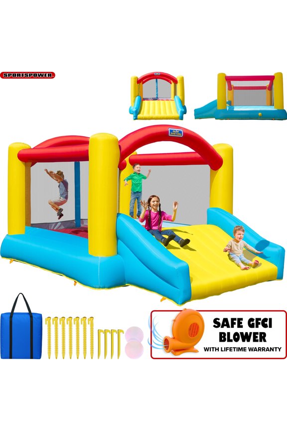 inflatable bounce house with slide for kids, indoor outdoor bouncy castle jumper, blow up jump house with air blower, backyard playground, ASTM certified, Heavy Duty, My first Jump N Play