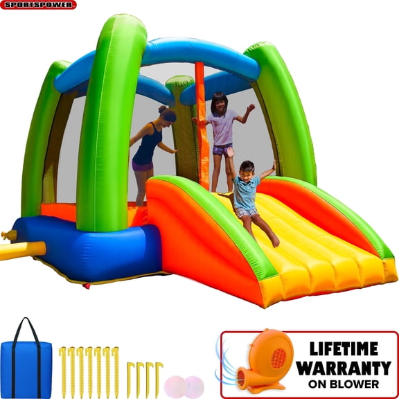 Sportspower Inflatable Bounce House for Kids with Blower, Indoor Outdoor Jumping Castle with Slide, Backyard Bounce Castle, My First Jump N Play, 400W blower
