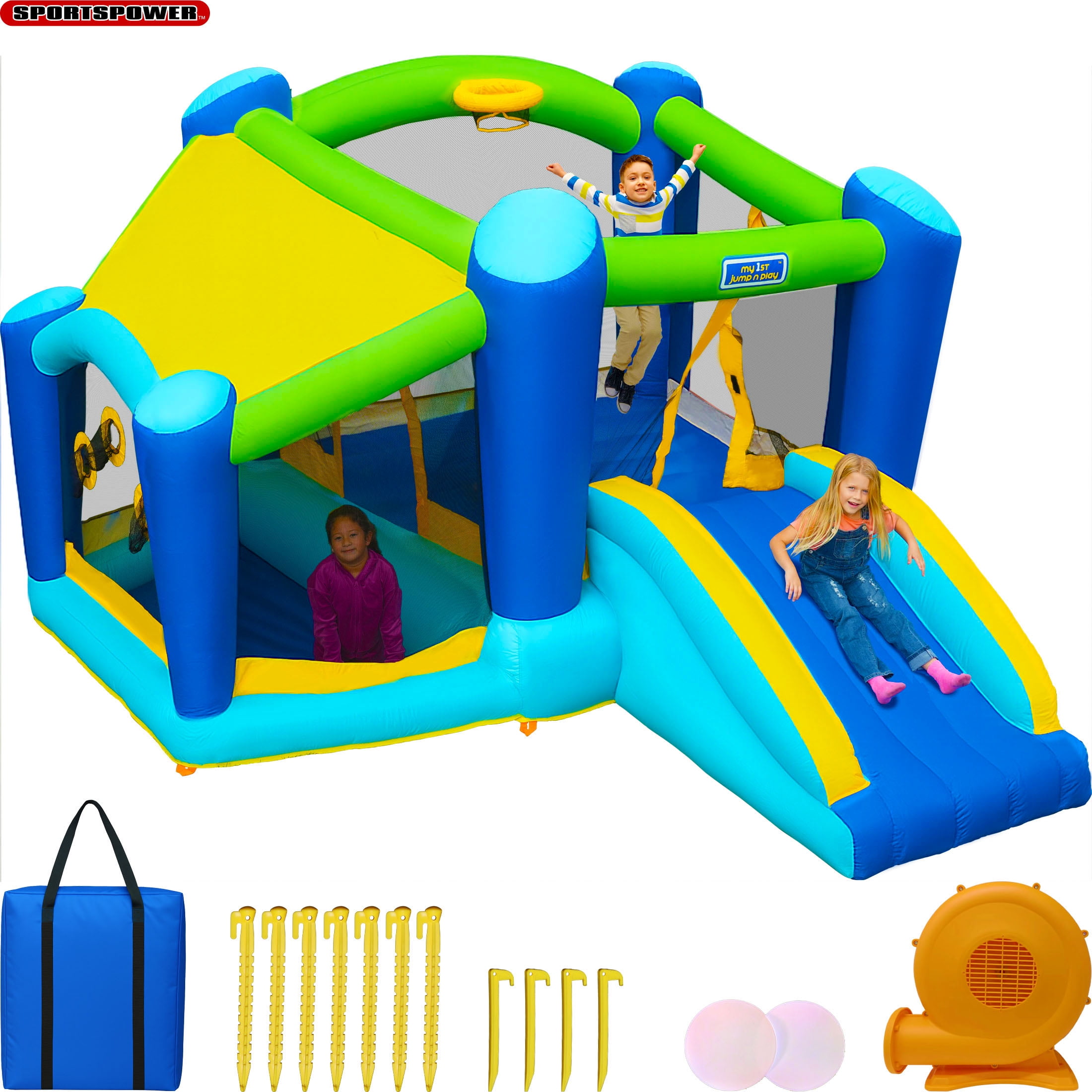 Sportspower My 1st Jump N Slide Inflatable Bounce House with Ball Pit & Basketball Hoop, 11.5' x 11' x 6.8', Durable, ASTM Certified