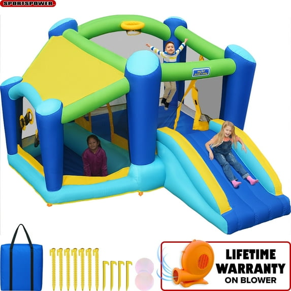 Sportspower My 1st Jump N Play 132" x 138" Inflatable Bounce House for Kids with Ball Pit & Basketball Hoop, Outdoor Backyard Bouncer, Blower Included