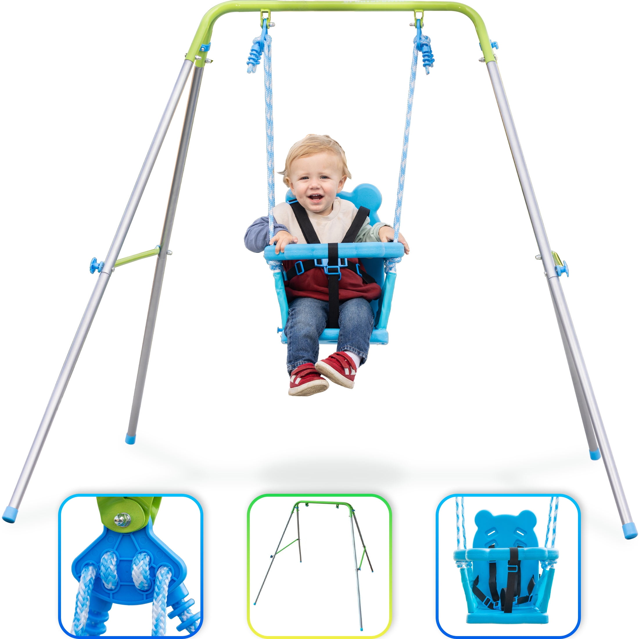 Blue and Yellow Indoor Toddler Swing with Safety Harness