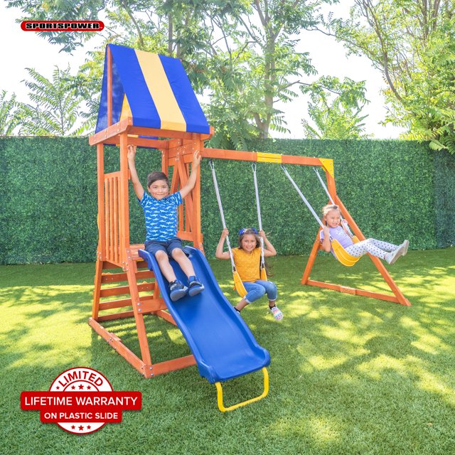 Sportspower My First Wood Swing Set with 2 Swings, Rock Climber & 6