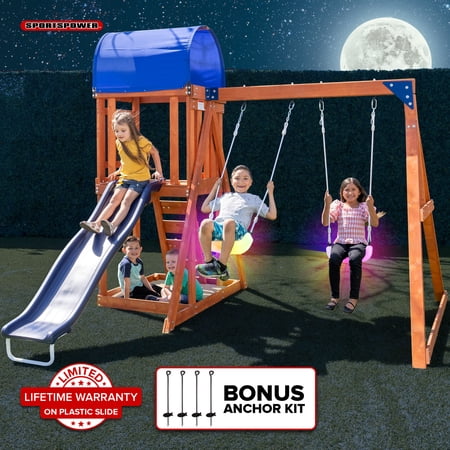 Sportspower Northern Lights 5-in-1 Wooden Swing Set for Kids Ages 3–10 with LED Swings, Play Fort with Canopy, 6' Slide, Heavy-Duty Double A-Frame