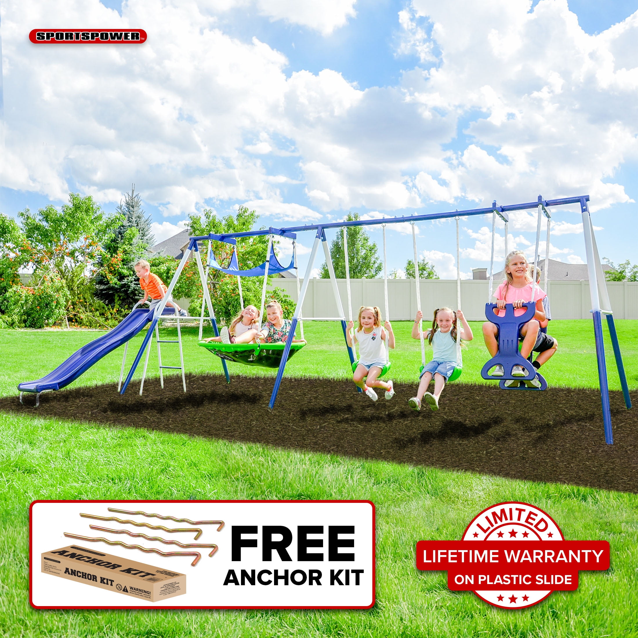 Blue Metal Outdoor Swing and Slide Set with Glider