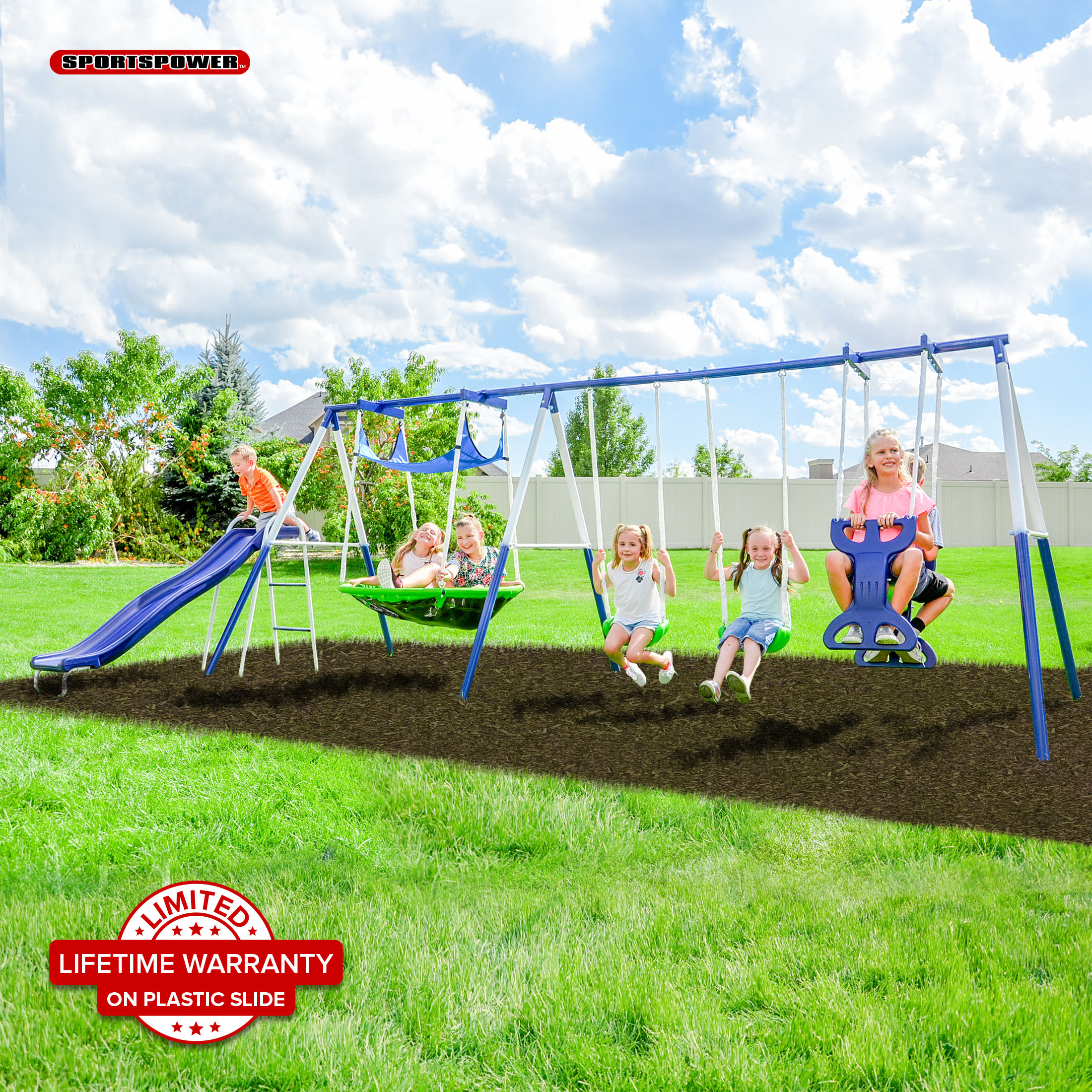 Sportspower Sunnyslope Wooden Swing Set with Play Fort, Trapeze, & 6