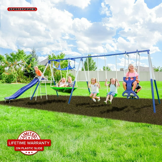 Sportspower Outdoor Rosemead Metal Swing Set with Roman Glider, Saucer, and 6' Double Wall Slide
