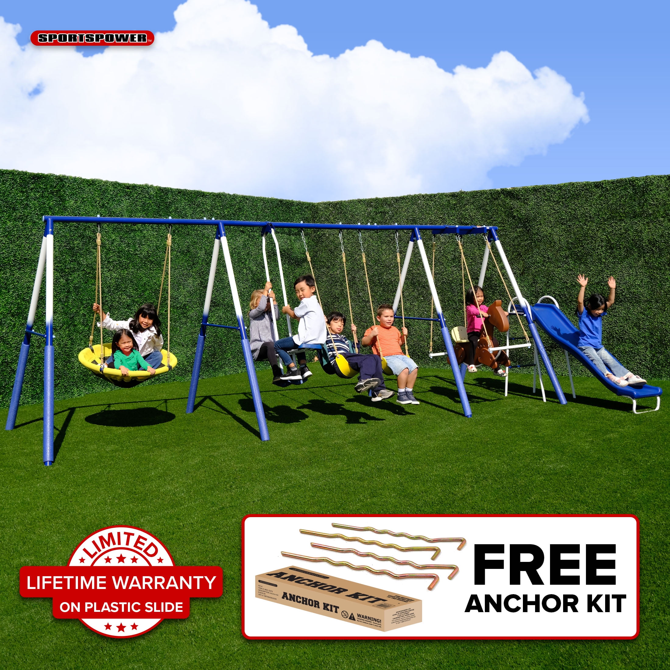 Sportspower Outdoor Super 8 Fun Metal Swing Set with 6 Heavy Duty Slide Saucer Swing and Rocking Horse