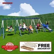 Sportspower Outdoor Super 8 Fun Metal Swing Set for Kids 3-8 with 6ft Slide, Saucer Swing, Rocking Horse, 6ft Durable Steel Frame