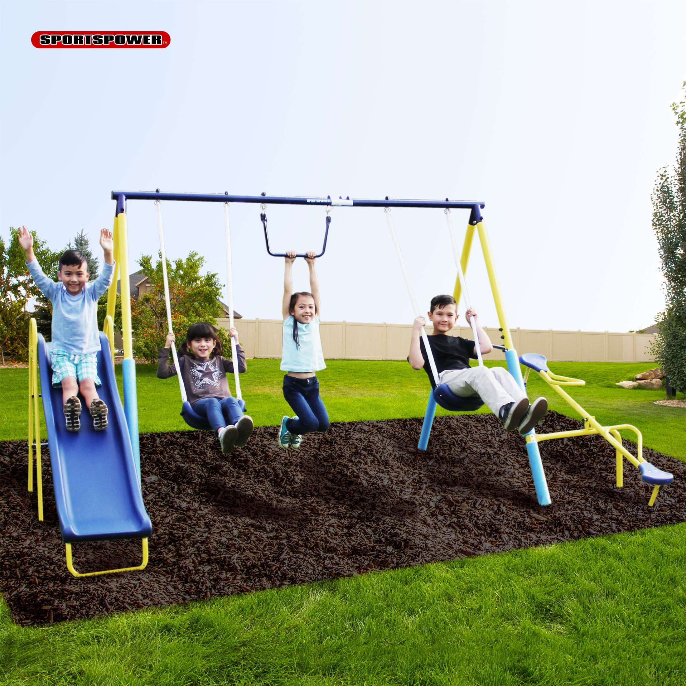 Sportspower Outdoor Super First Metal Swing Set with Trapeze, TeeterTotter, and 6' Double Wall