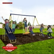 Sportspower Palmview Metal Swing Set with Teeter-Totter, Standing Swing, and 5' Double Wall Slide with Lifetime Warranty