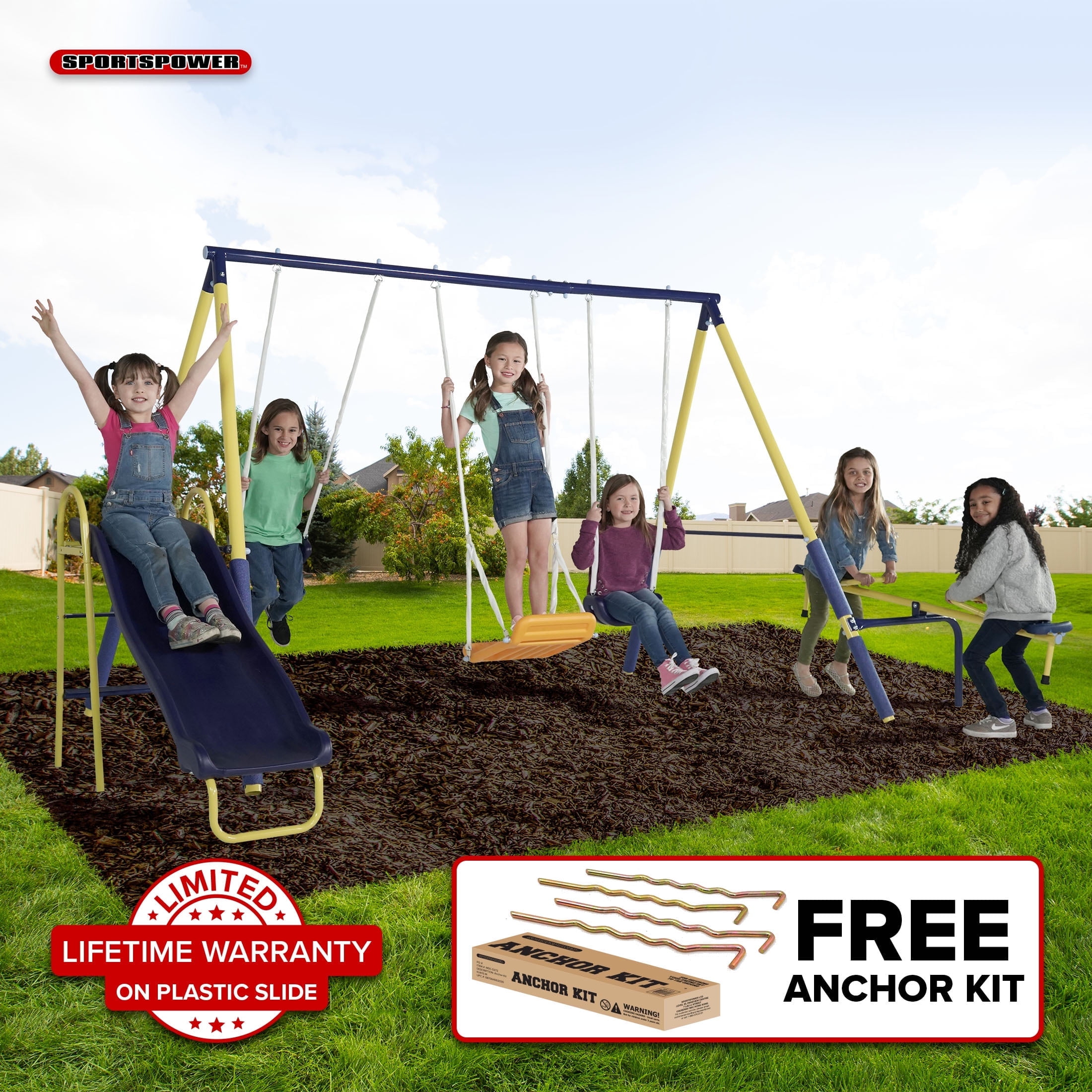 Sportspower Palmview Metal Swing Set with Teeter-Totter, Standing Swing, 5' Slide with Lifetime Warranty, & Bonus Anchor Kit, Great for Kids Aged 3-8