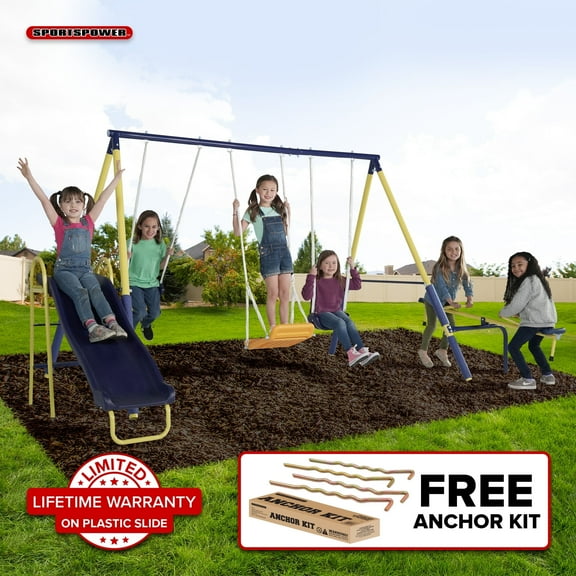 Sportspower Palmview Outdoor Swing Set for Kids Ages 38 with 2 Swings, Standing Swing, Teeter-Totter, 5ft Slide, 6.1ft Steel Frame, Anchor Kit Included