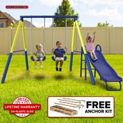Sportspower Power Play Time Metal Swing Set with 2 Swings, on Blow Molded Slide, Bonus Anchor Kit, Great for Kids 3-8