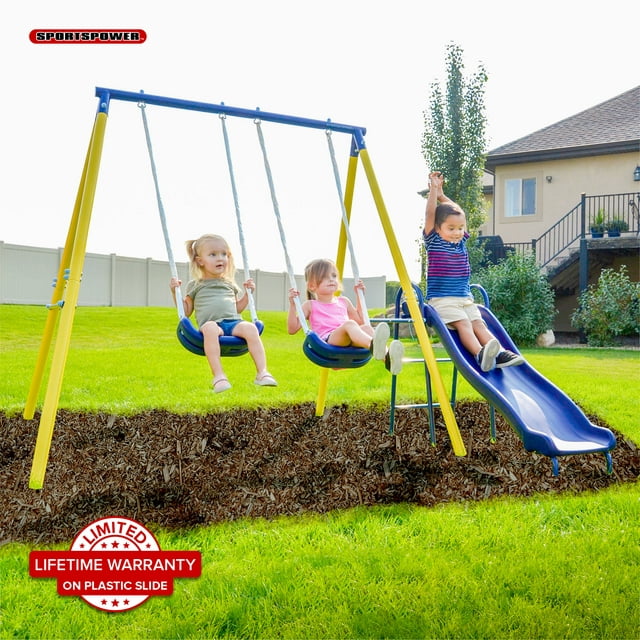 Sportspower Power Play Time Metal Swing Set with 2 Swings and Lifetime Warranty on Blow Molded Slide