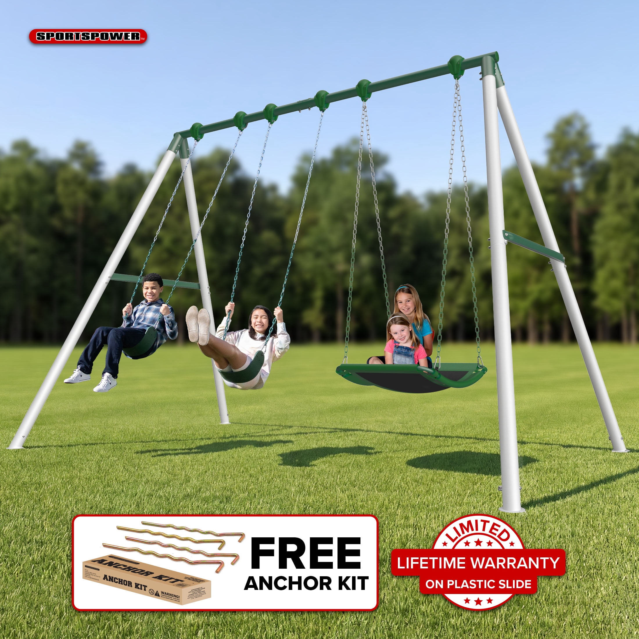 Sportspower Rainer 9.5ft Metal Swing Set for Kids and Adults, Heavy Duty Backyard Playset with 2 Sling Swings & 2-Person Skyflyer, Green/White