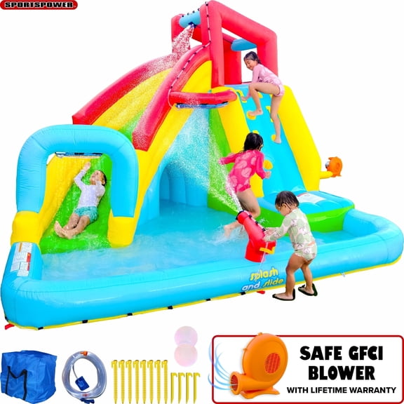 Sportspower Rapids Inflatable Water Slide with Water Arch, Outdoor Backyard Water Park with Climbing Wall, Tunnel & Splash Pool, Includes Heavy Duty Blower with GFCI Safety Plug
