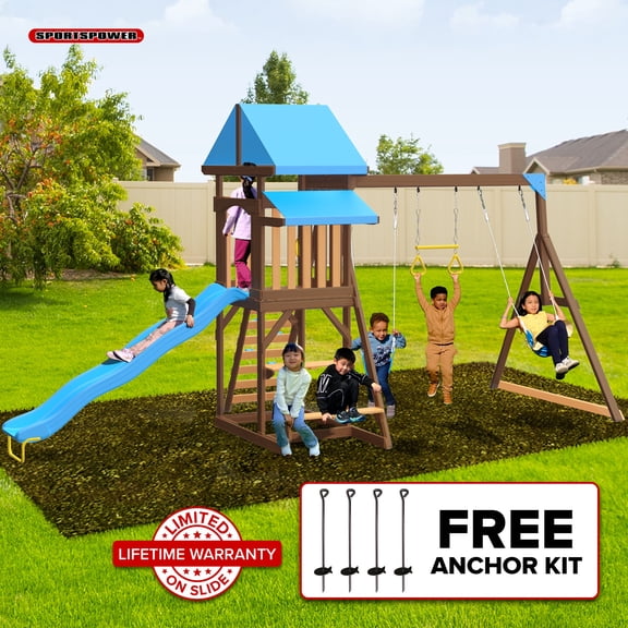 Sportspower Rosemont Wooden Swing Set with 2 Belt Swings, Trapeze, Play Fort with Rock Climber, Bench with Table, Sandbox, Lifetime Warranty on 8ft Slide, & Bonus Anchor Kit
